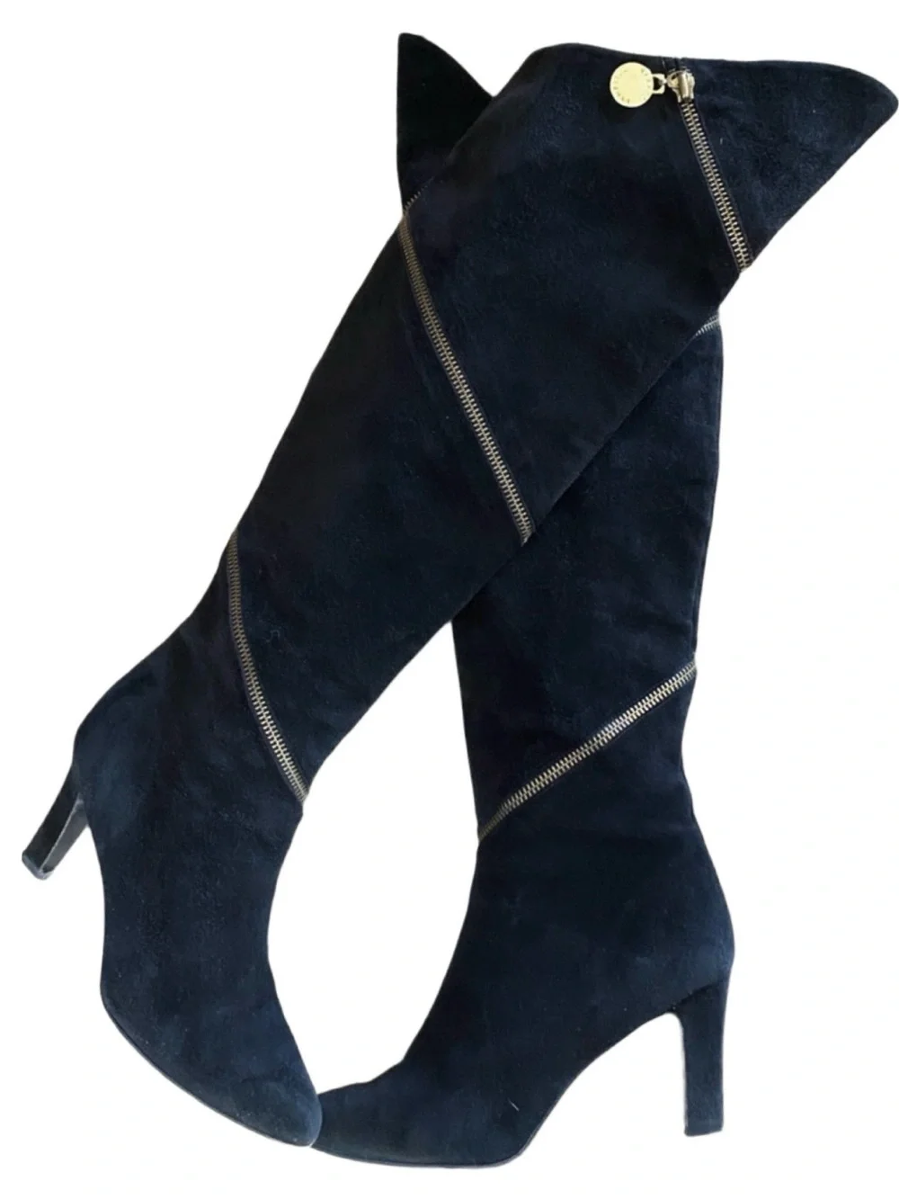 STUAR WEITZMAN Vintage Black Over-the-Knee Suede Boots w/ Gold Zipper Trim - 6.5